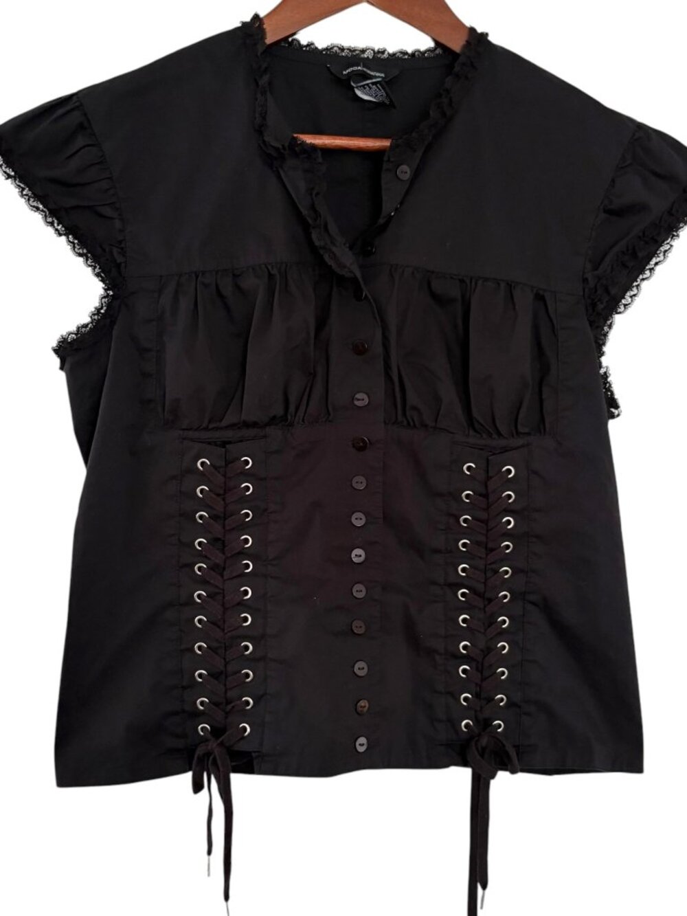Vintage Y2K Moda International Corset Style Milkmaid Top L Black Gothic Blouse